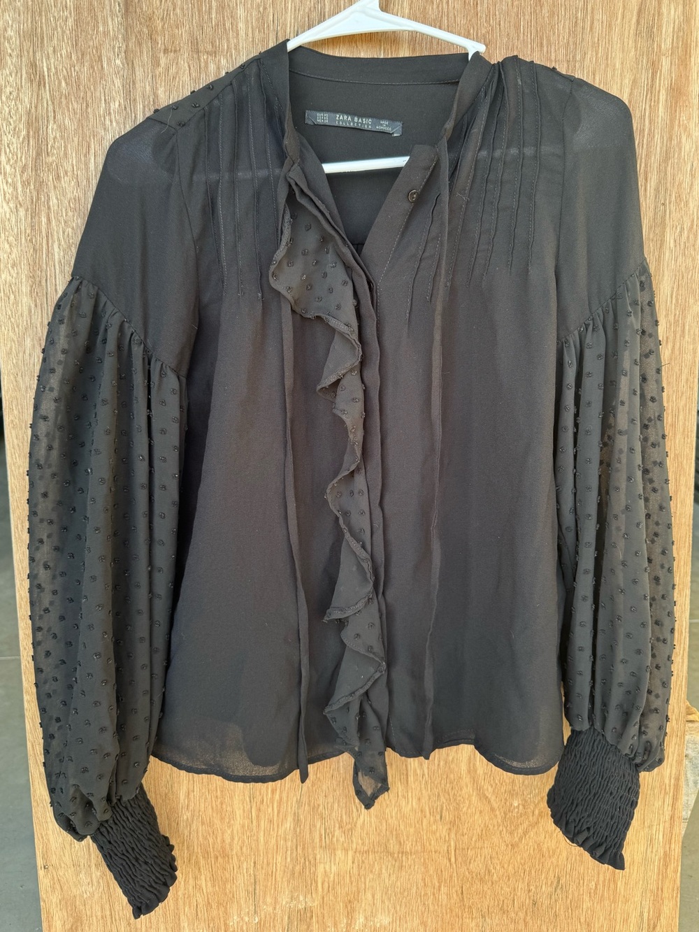 Zara Black Sheer Dot Ruffle Front Blouse